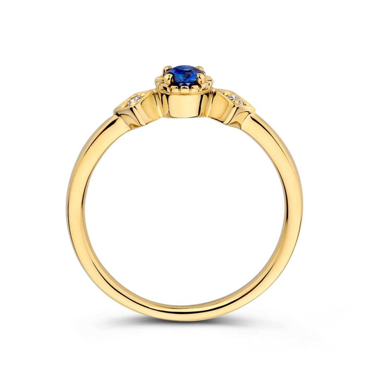 Gouden trilogy ring met diepblauwe saffier en diamanten 0.05 crt 5 mm breed