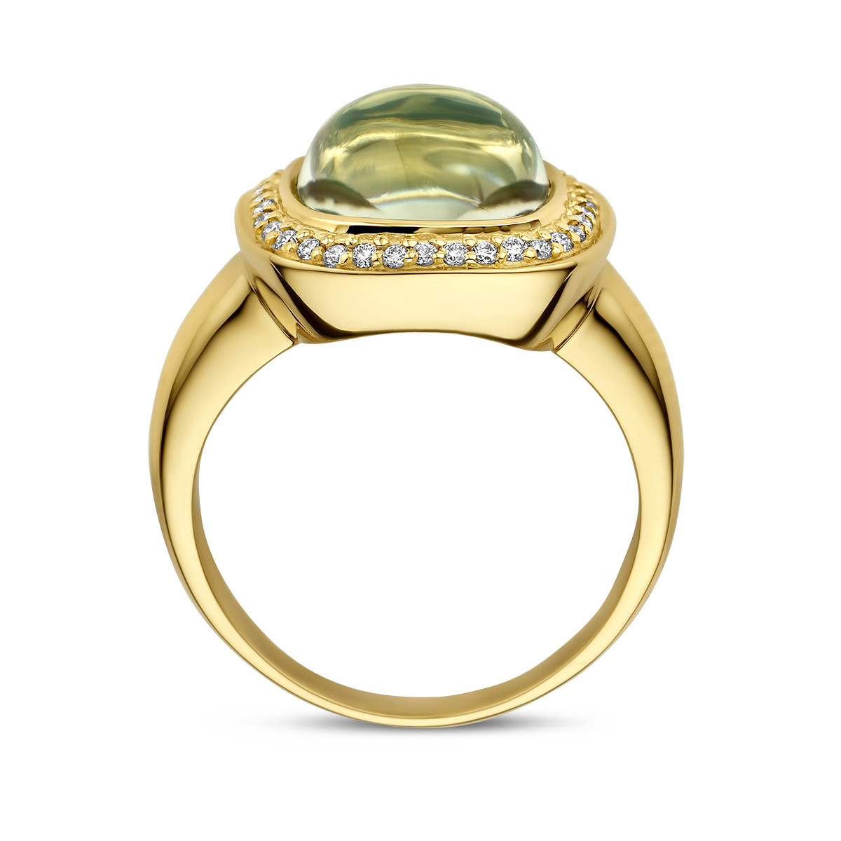Gouden vierkante ring met groene amethist 9.5 mm en diamanten 0.20 crt
