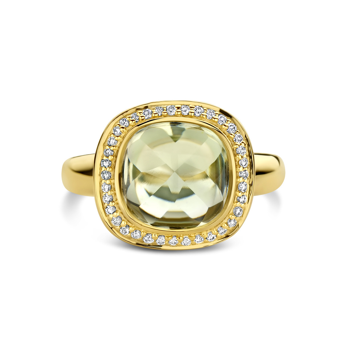 Gouden vierkante ring met groene amethist 9.5 mm en diamanten 0.20 crt