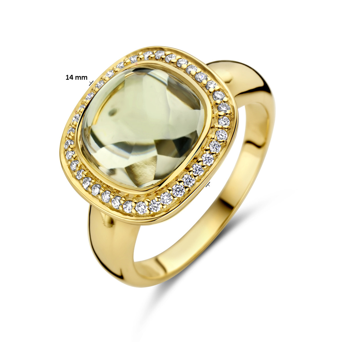 Gouden vierkante ring met groene amethist 9.5 mm en diamanten 0.20 crt