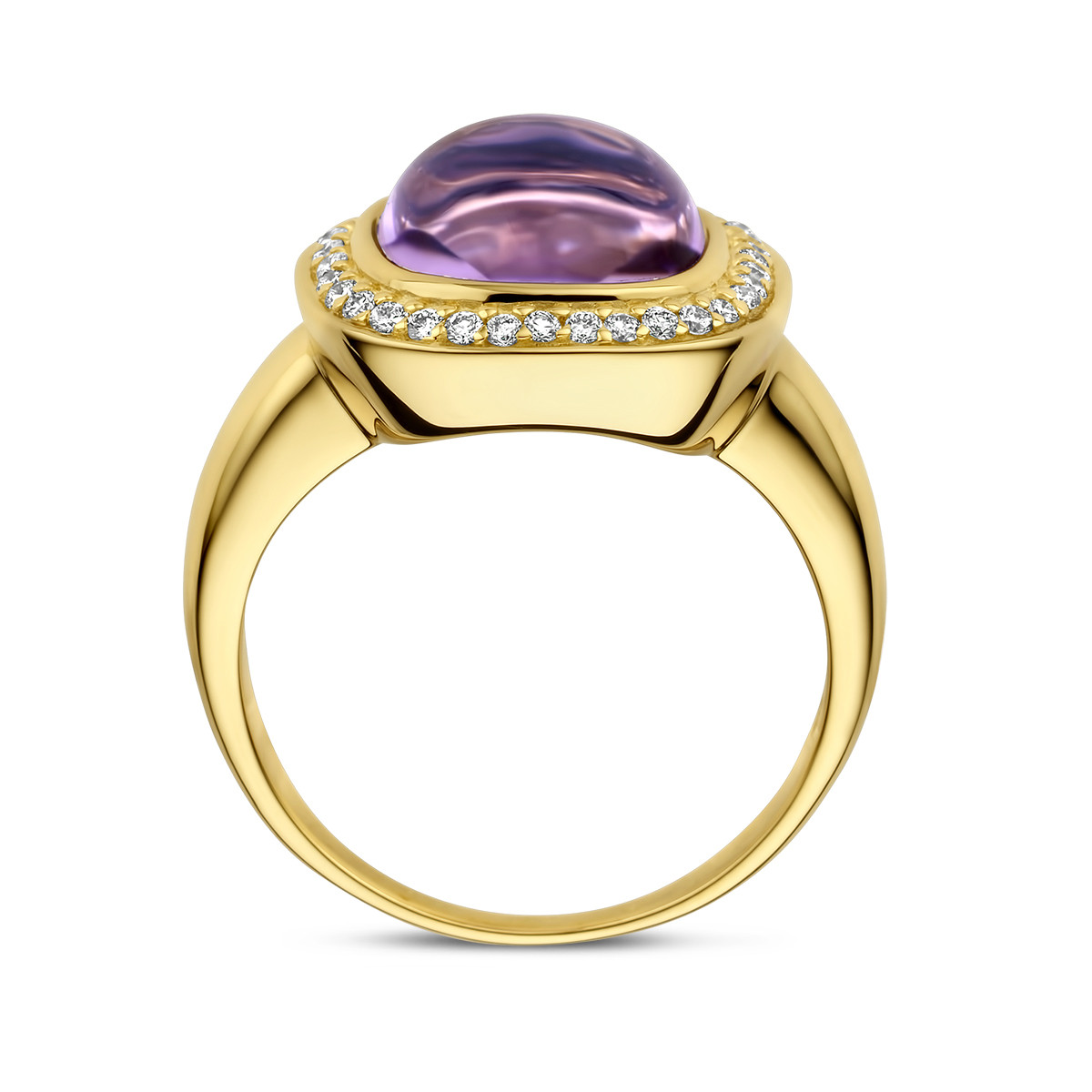 Gouden vierkante ring met paarse amethist 9.5 mm en diamanten 0.20 crt