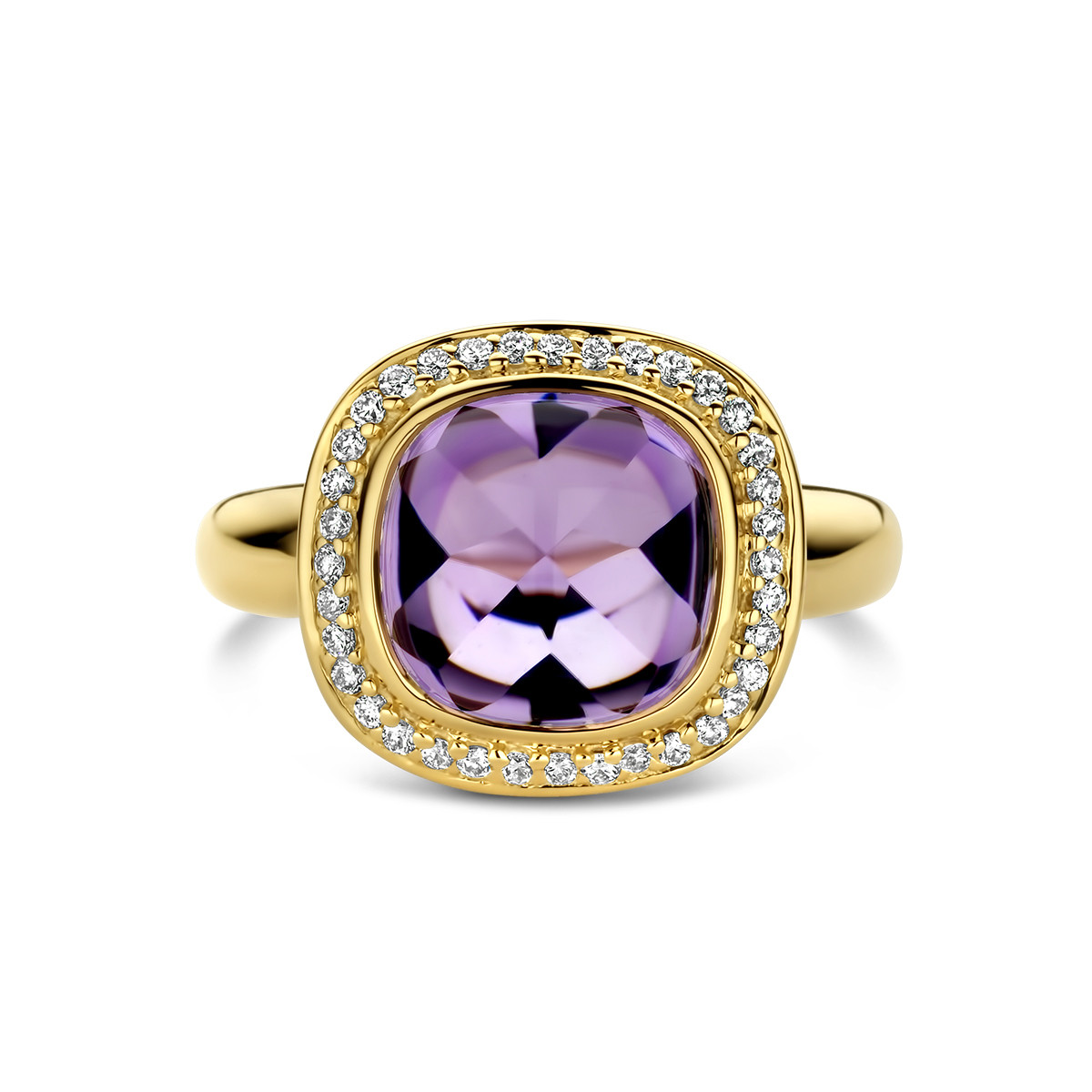 Gouden vierkante ring met paarse amethist 9.5 mm en diamanten 0.20 crt