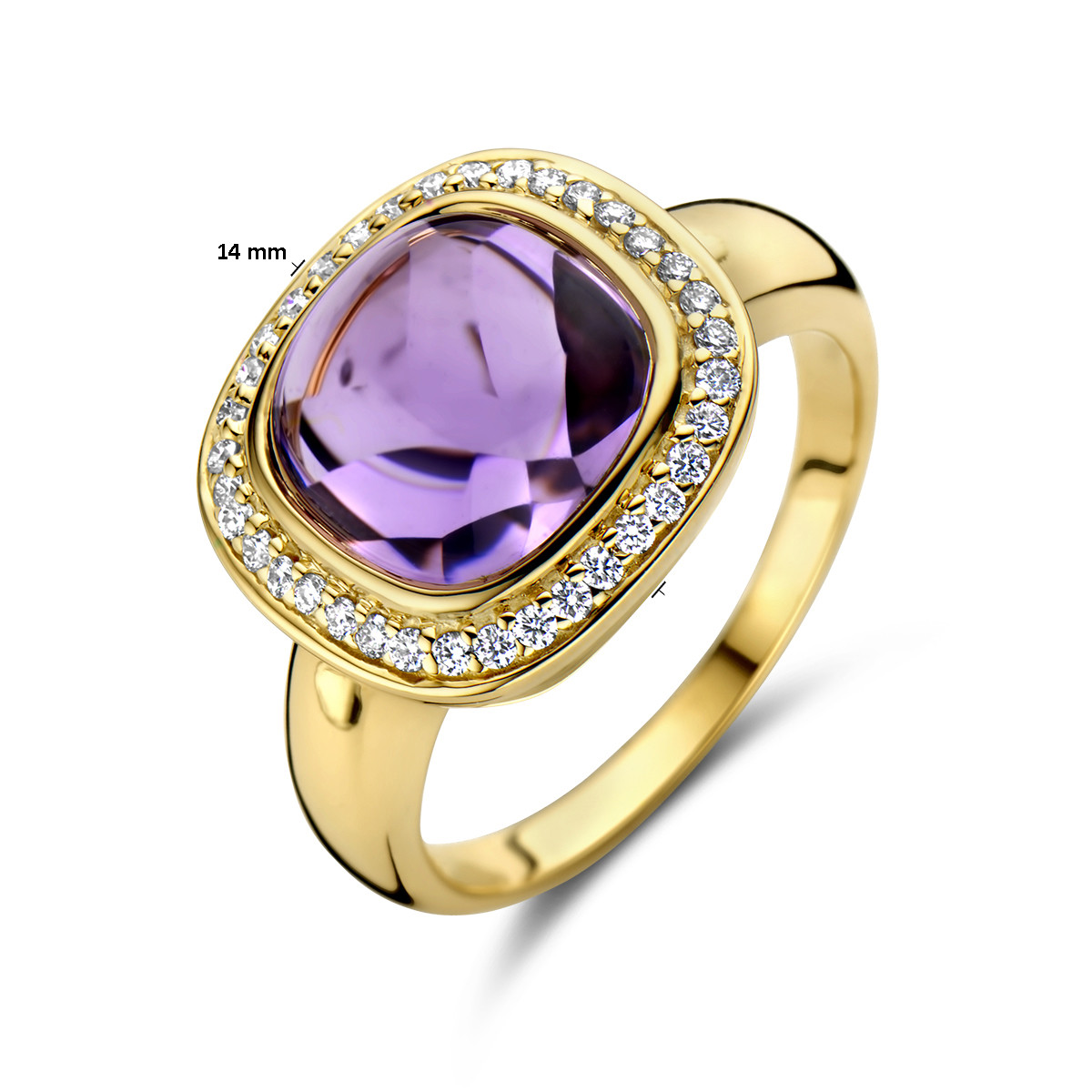 Gouden vierkante ring met paarse amethist 9.5 mm en diamanten 0.20 crt