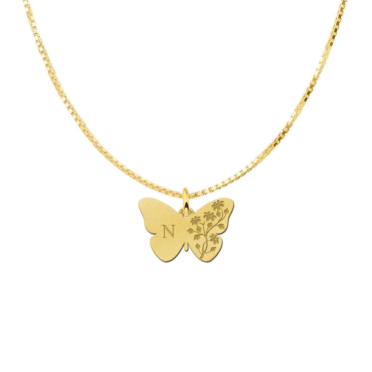 Gouden vlinder hanger met initiaal en bloemen