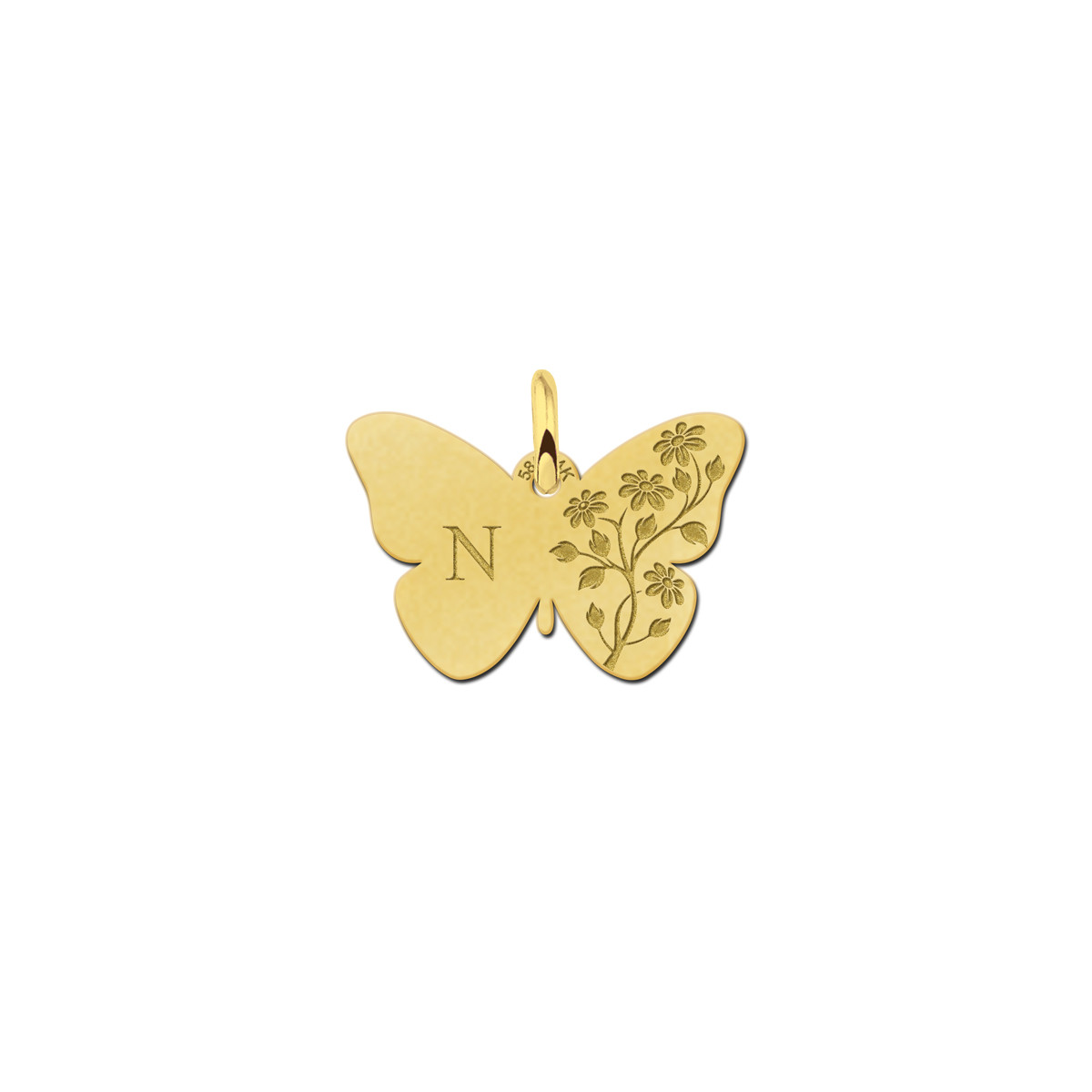 Gouden vlinder hanger met initiaal en bloemen