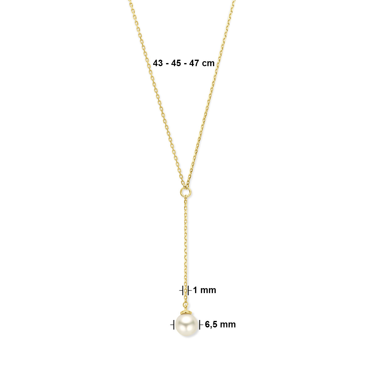 Gouden y-collier met witte zoetwaterparel - Lengte 43 cm, 45 cm, 47 cm