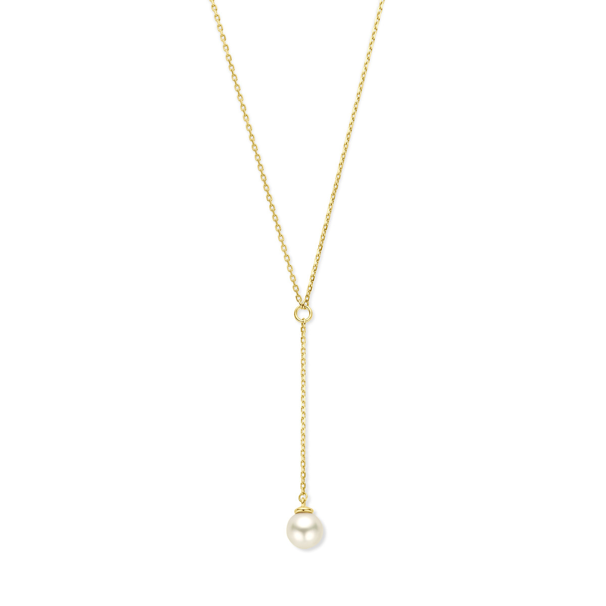 Gouden y-collier met witte zoetwaterparel - Lengte 43 cm, 45 cm, 47 cm