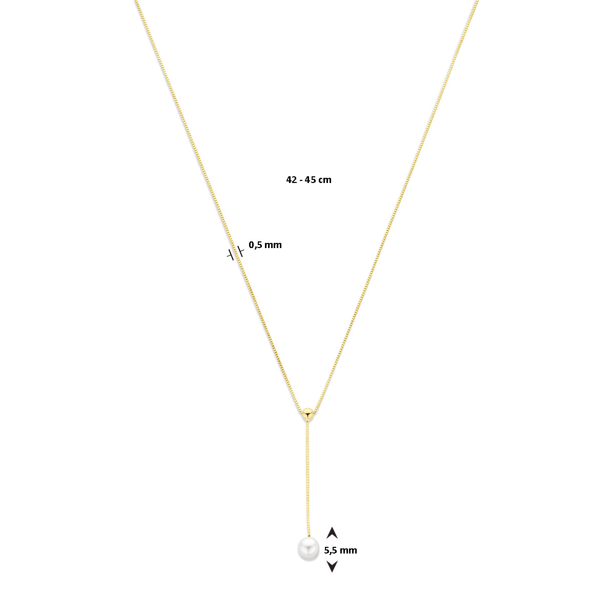 Gouden y-ketting met ronde witte zoetwaterparel - Lengte 42 cm, 45 cm