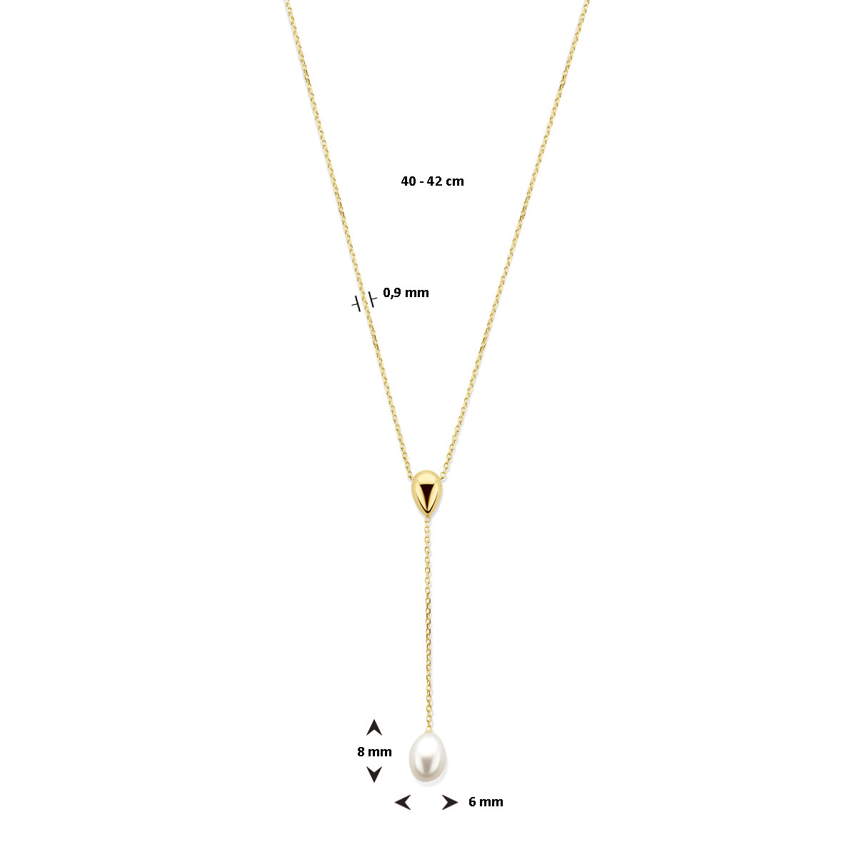 Gouden y-ketting met witte zoetwaterparel - Lengte 40 cm, 42 cm