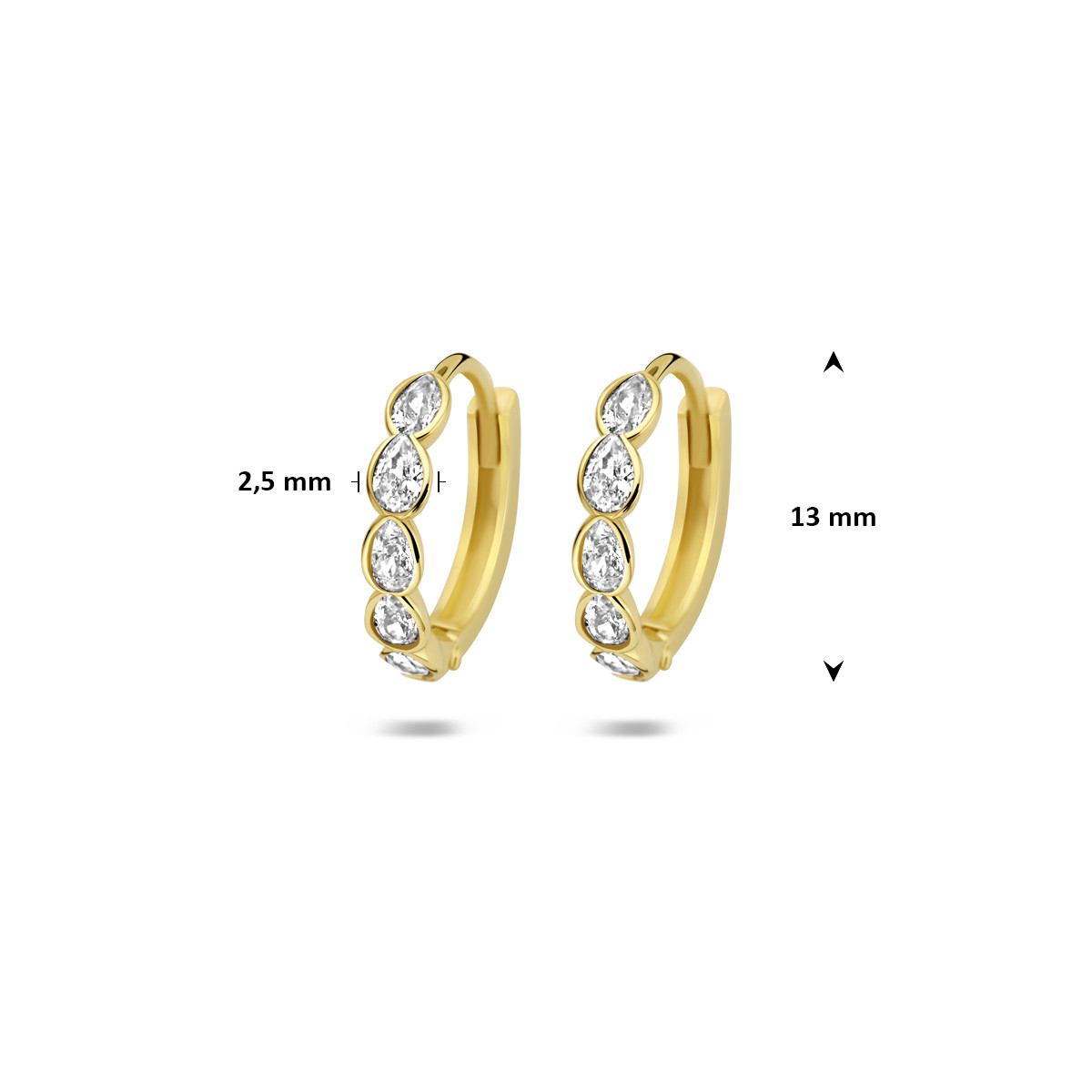 Goudkleurige 9-karaat oorringen met peer geslepen zirkonia’s 2.5 mm breed - Diameter 13 mm