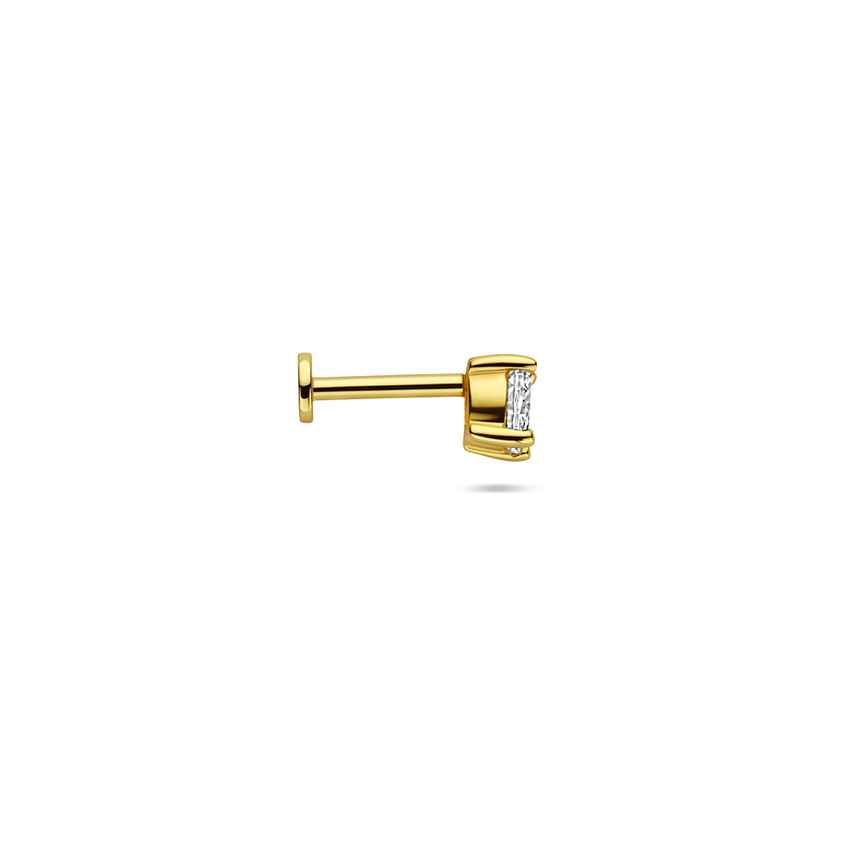 Goudkleurige flatback piercing met transparante ovale zirkonia 3 mm breed - Hoogte 4 mm - Per stuk