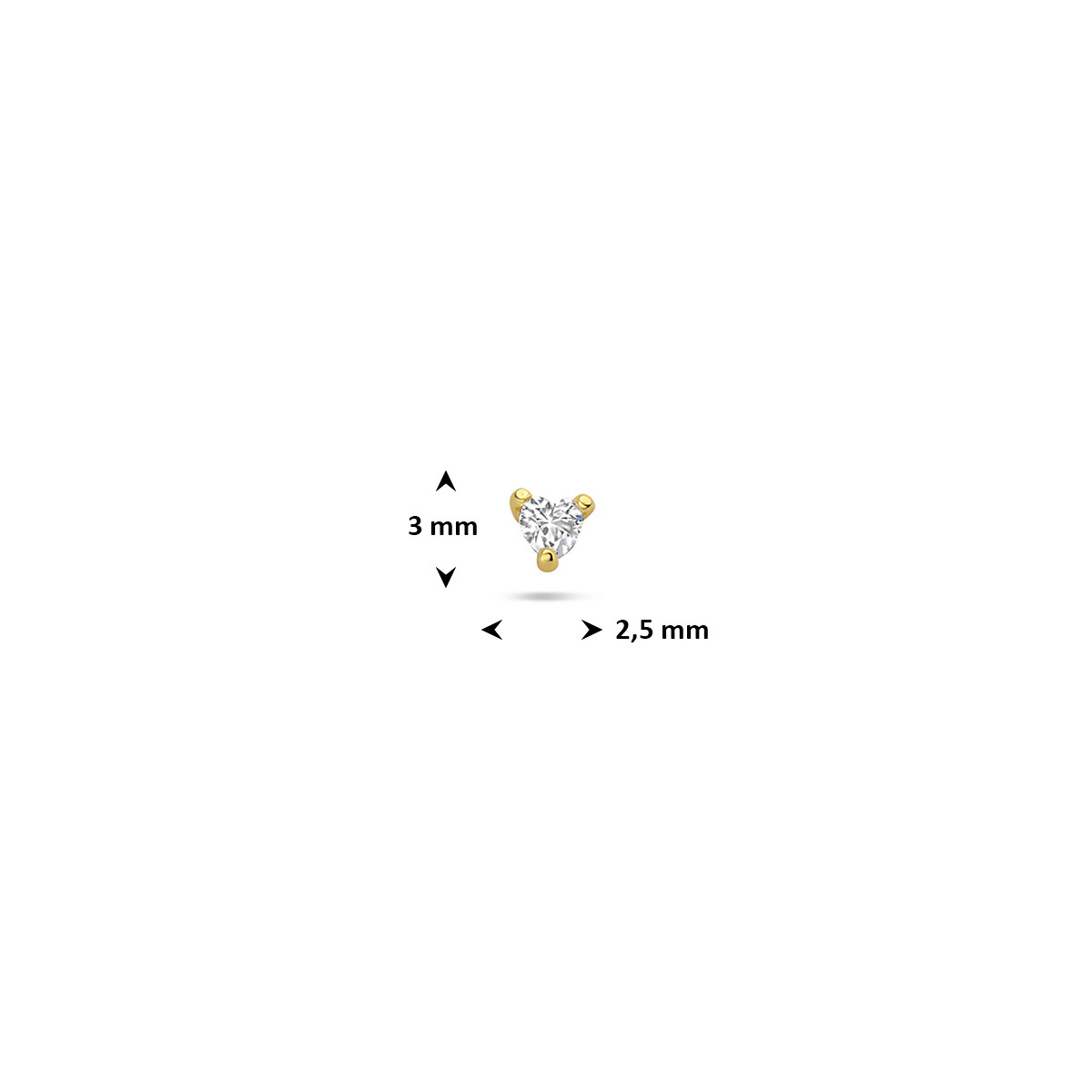 Goudkleurige flatback piercing met transparante zirkonia in driehoek 2.5 mm breed - Hoogte 3 mm - Per stuk