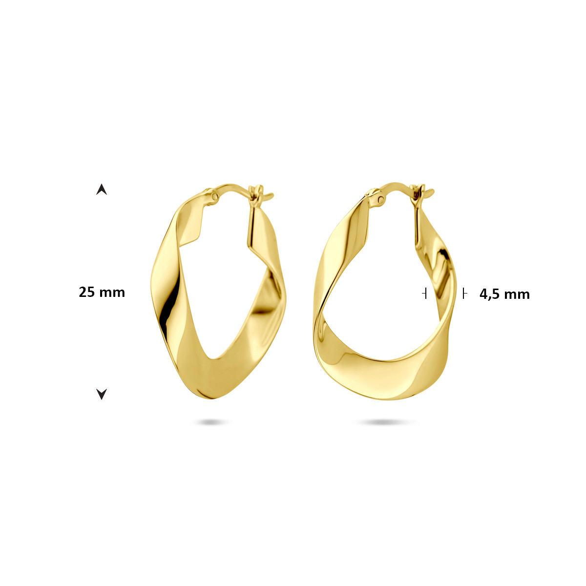 Goudkleurige glanzende oorringen met gedraaide vorm 4.5 mm breed - Diameter 25 mm