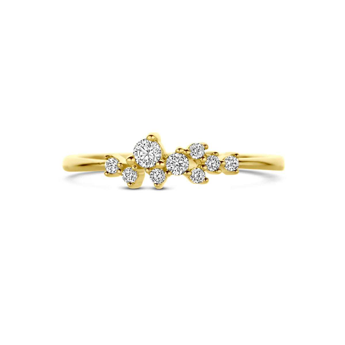 Goudkleurige glanzende ring met golvend patroon en zirkonia 5 mm breed