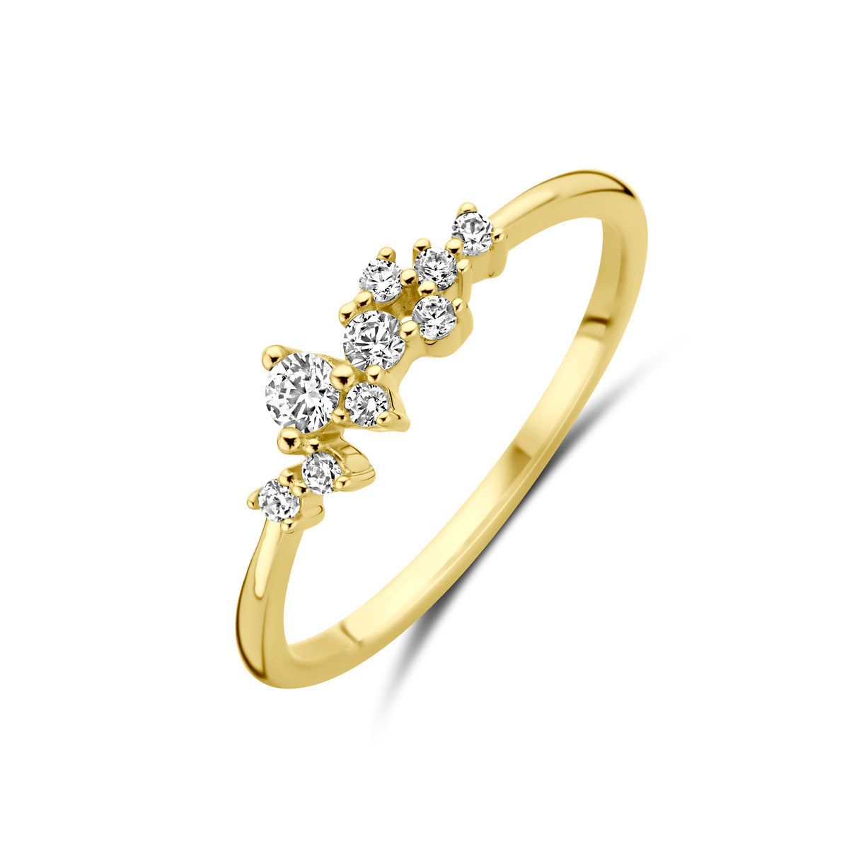 Goudkleurige glanzende ring met golvend patroon en zirkonia 5 mm breed