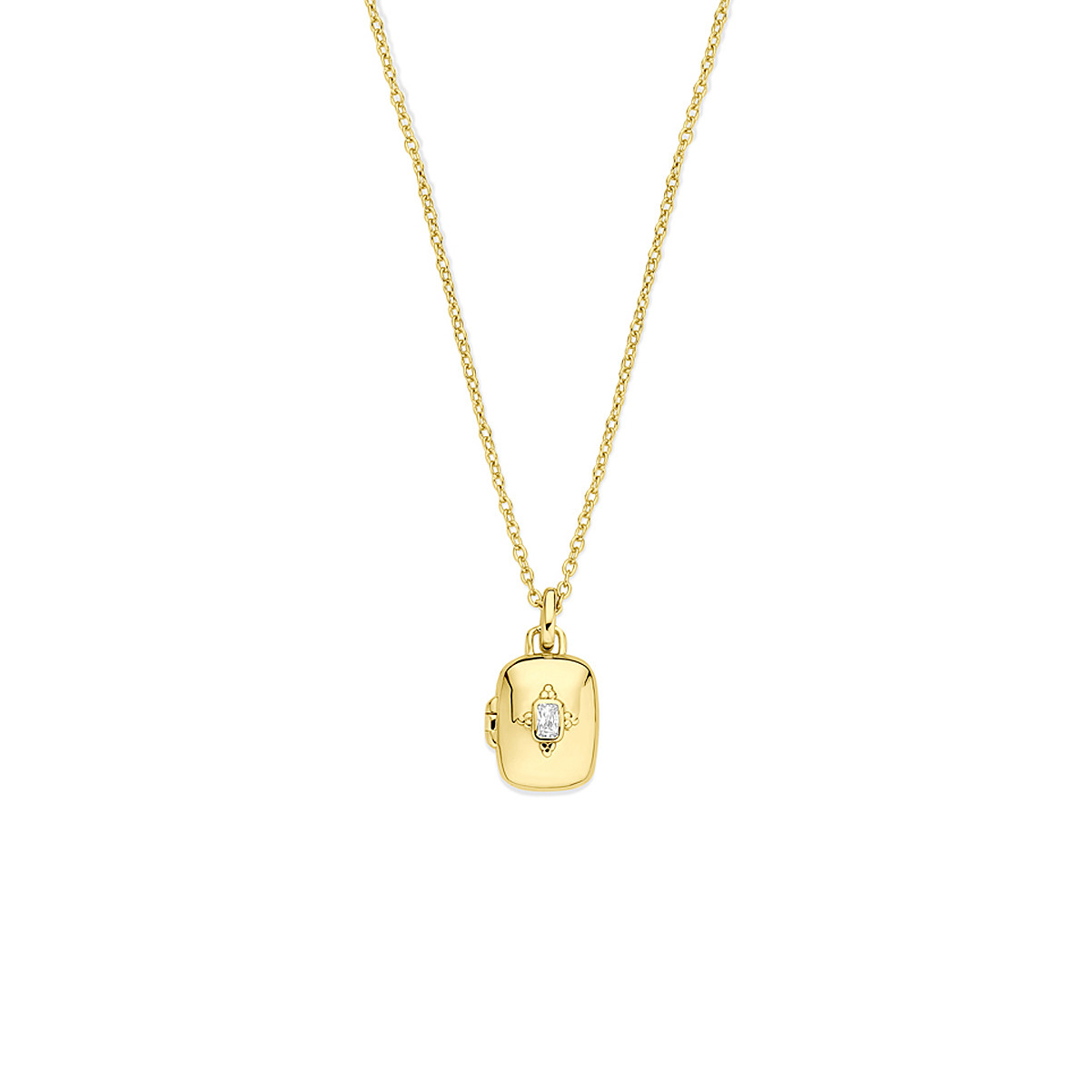 Goudkleurige ketting met rechthoekig medialllon en zirkonia  0.5 mm breed - Lengte 42-45 cm