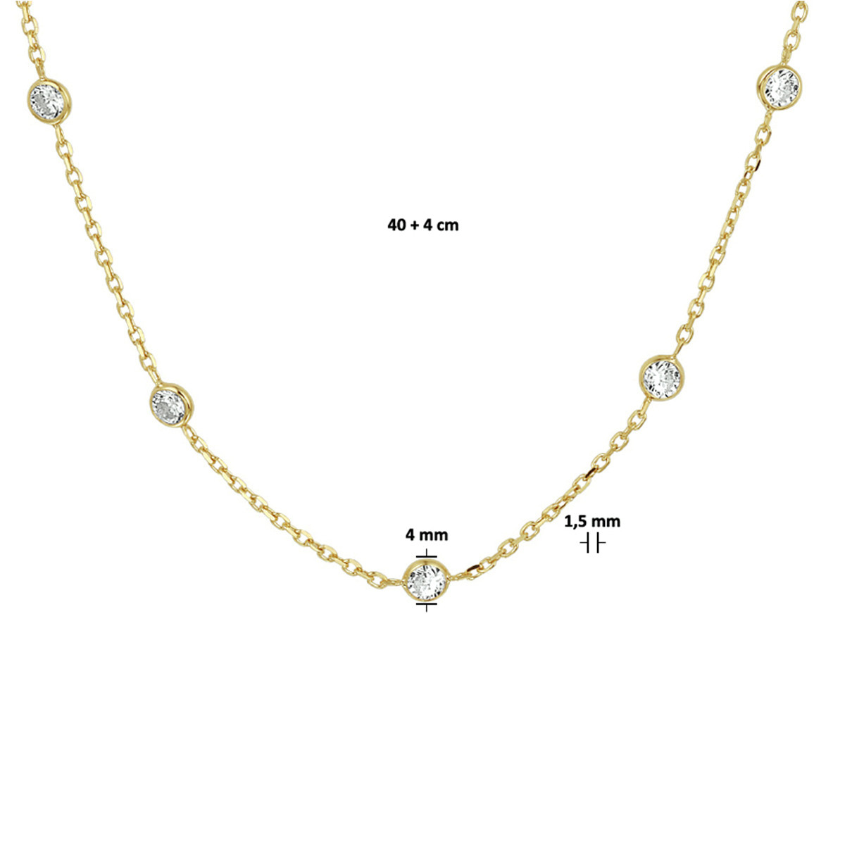 Goudkleurige ketting met zirkonia's en ankerschakels 1.5 mm breed - Lengte 40-44 cm