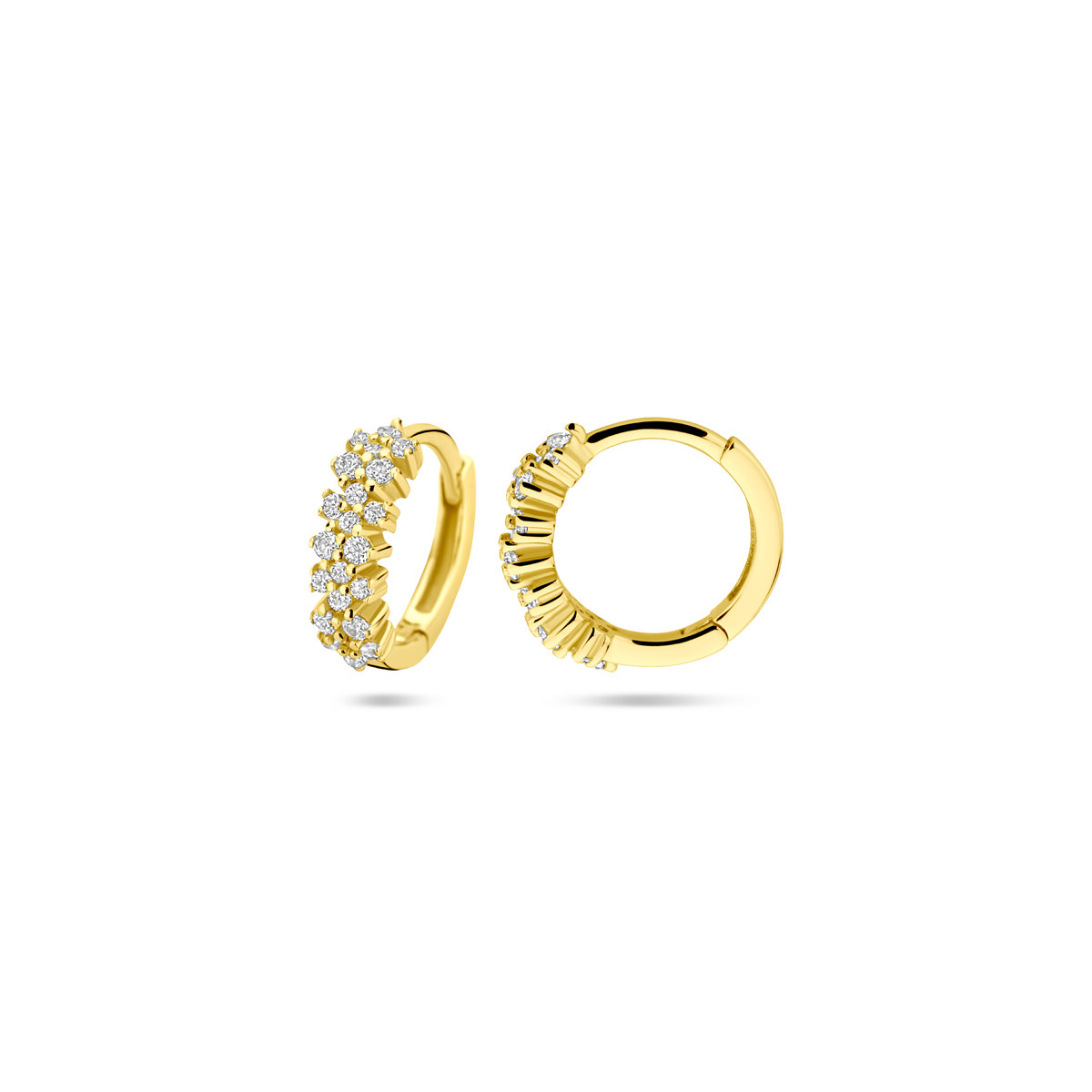 Goudkleurige klapoorringen met 3 transparante zirkonia rijen 3 mm breed - Hoogte 11.5 mm