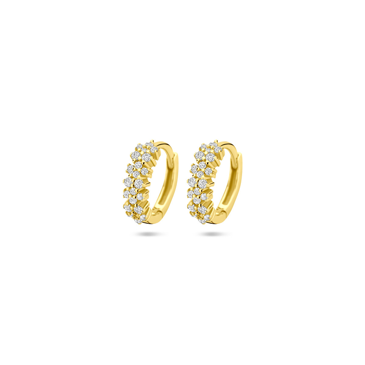 Goudkleurige klapoorringen met 3 transparante zirkonia rijen 3 mm breed - Hoogte 11.5 mm