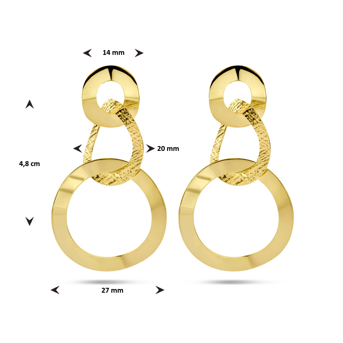 Goudkleurige oorhangers met 3 open cirkels mat en glanzend - Hoogte 48 mm