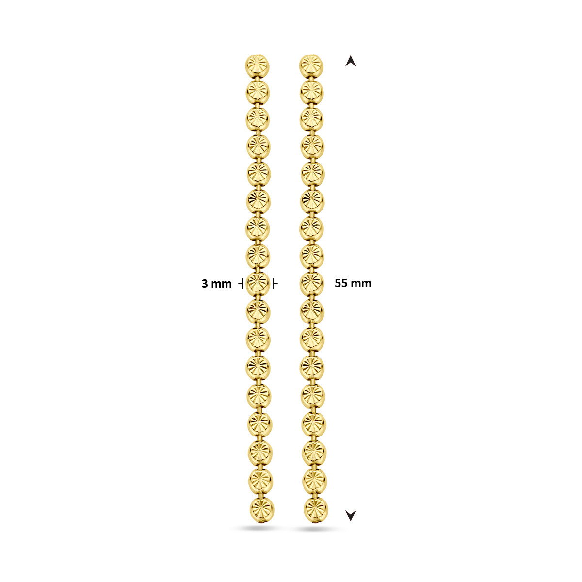 Goudkleurige oorhangers met ronde gediamanteerde schakels 3 mm breed - Hoogte 55 mm