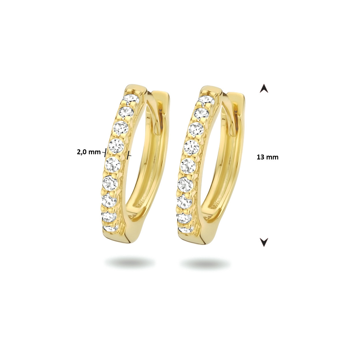 Goudkleurige oorringen met briljant geslepen zirkonia rij 2 mm breed - Diameter 13 mm