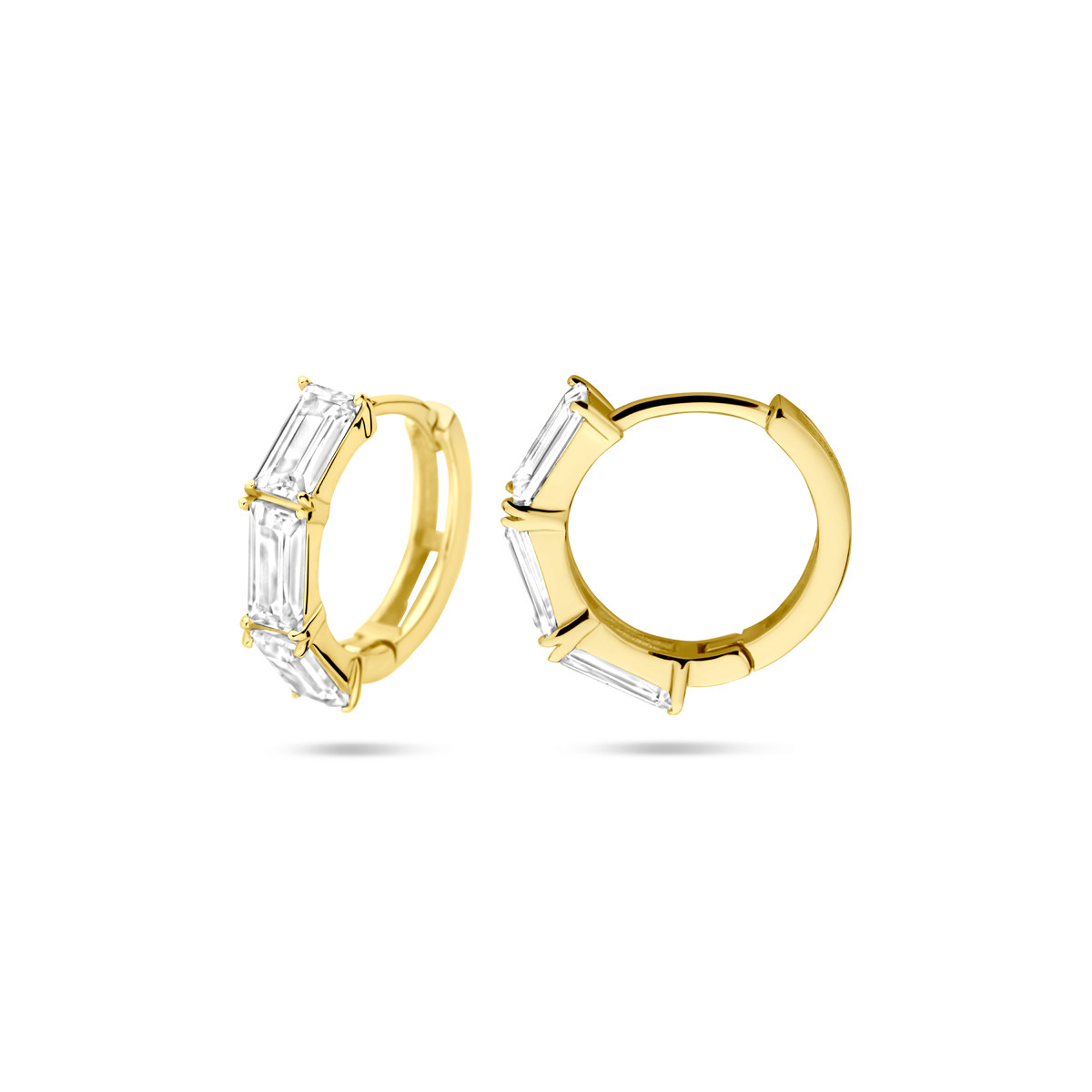 Goudkleurige oorringen met rechthoekige transparante zirkonia - Diameter 15.5 mm