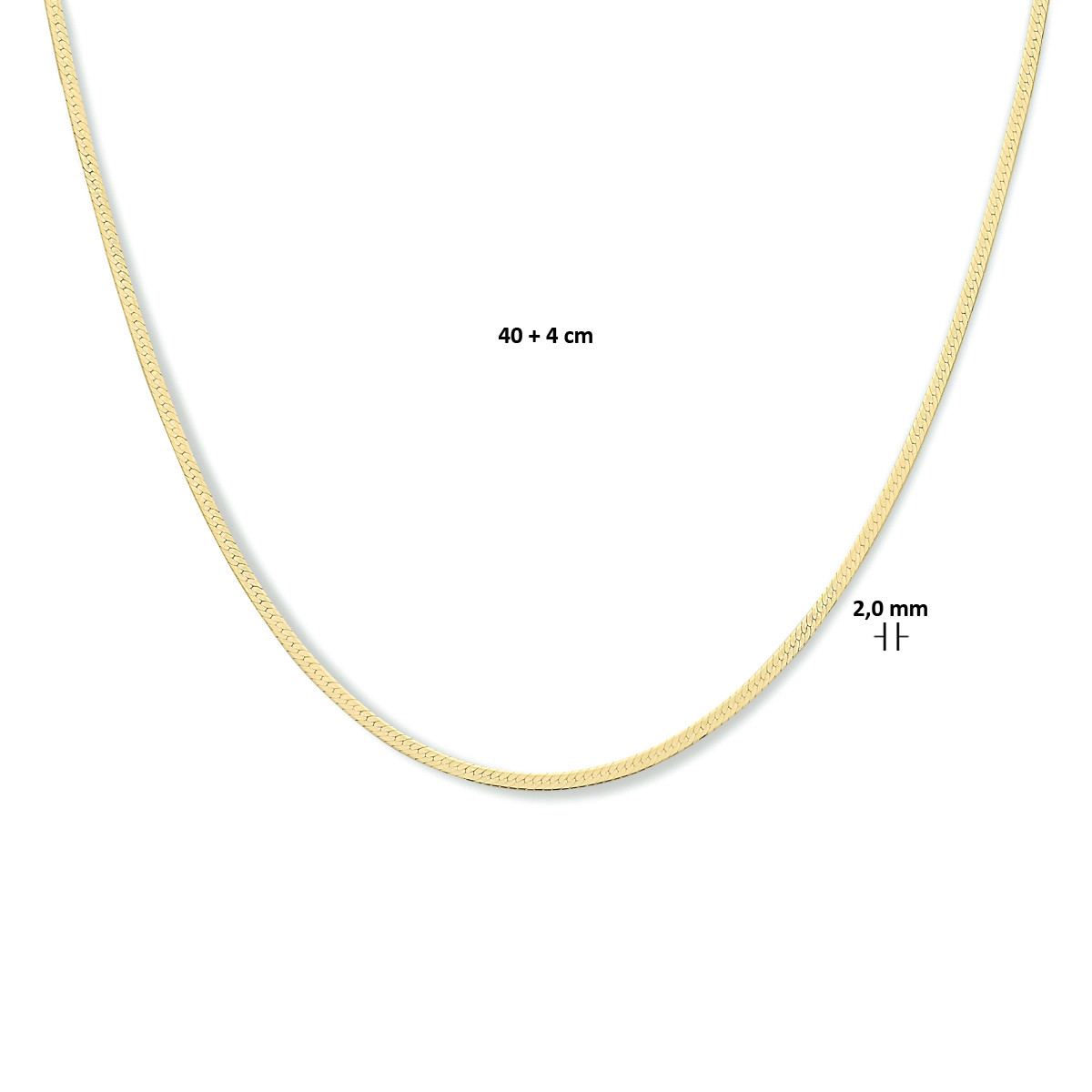 Goudkleurige schakelketting met slangenschakel 2 mm breed - Lengte 40-44 cm