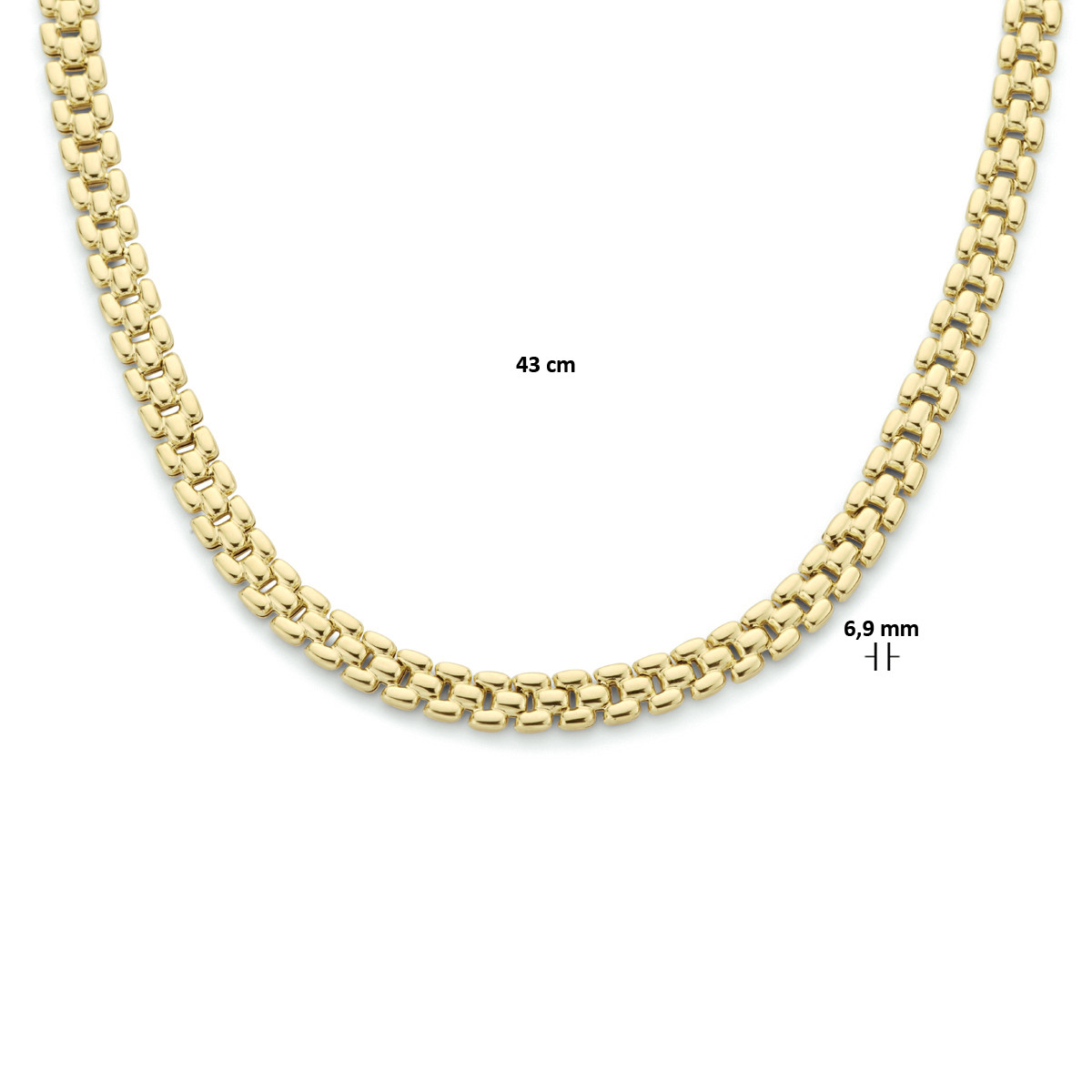 Goudkleurige schakelketting van panter schakels 6.9 mm breed - Lengte 43 cm