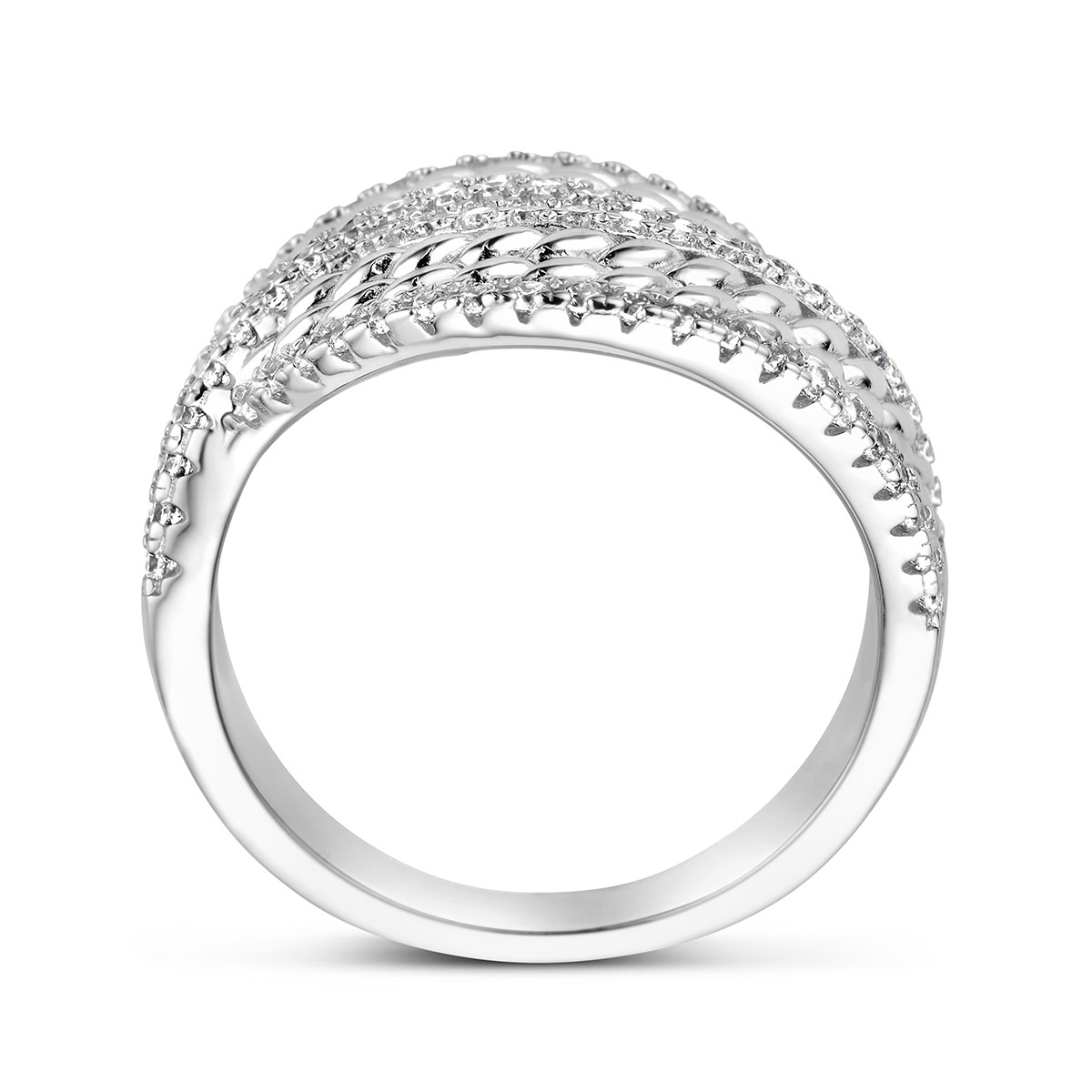 Grote zilveren ring met gevlochten schakels en rijen zirkonia 15 mm breed