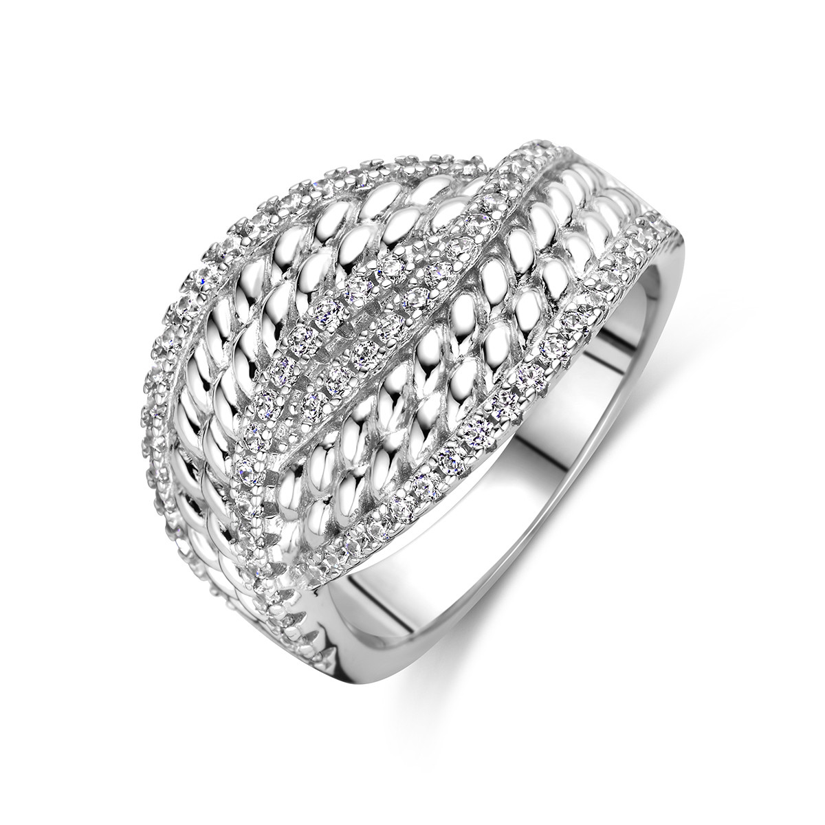 Grote zilveren ring met gevlochten schakels en rijen zirkonia 15 mm breed
