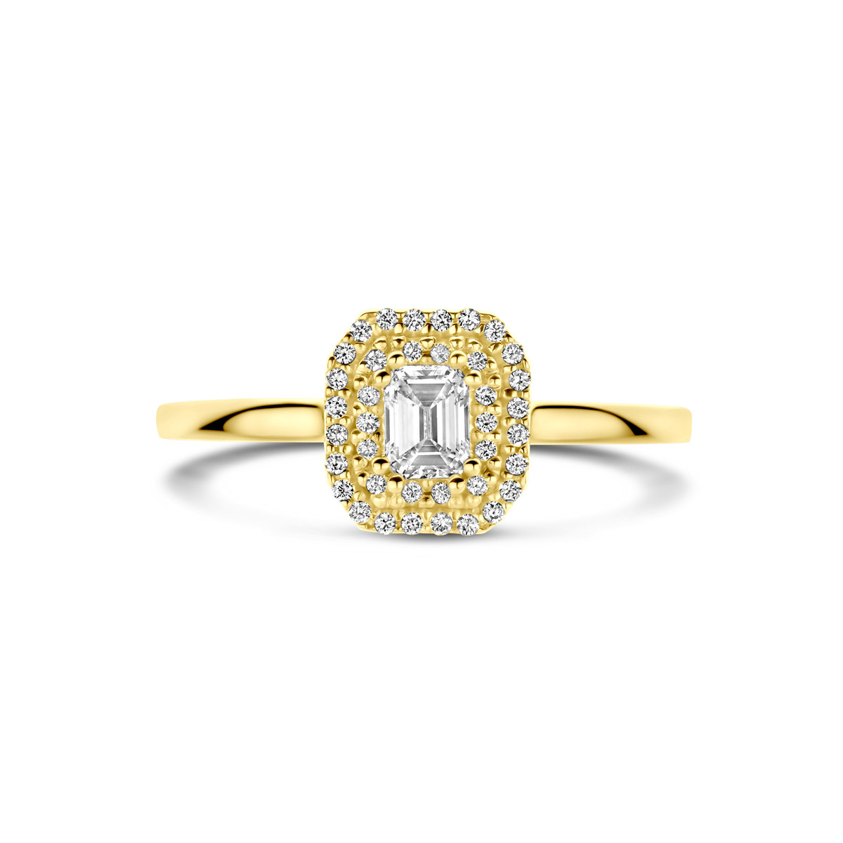 Halo diamanten ring emerald en briljant geslepen van 14-karaat goud 8.5 mm breed