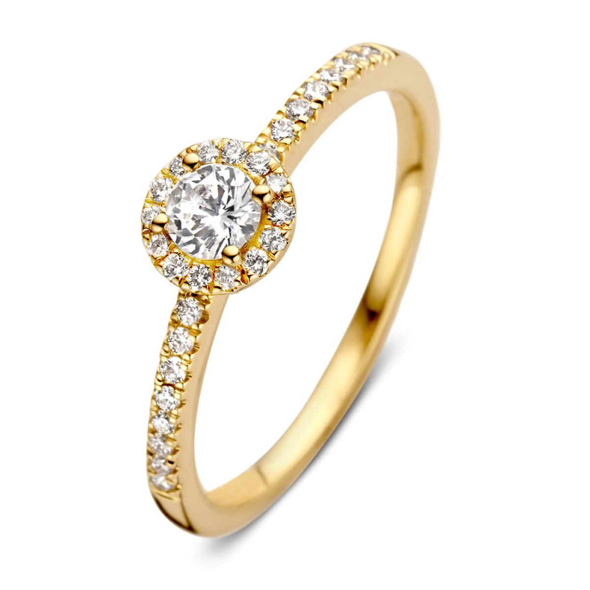 Halo ring van goud met briljant geslepen diamanten en zijstenen 0.45 crt