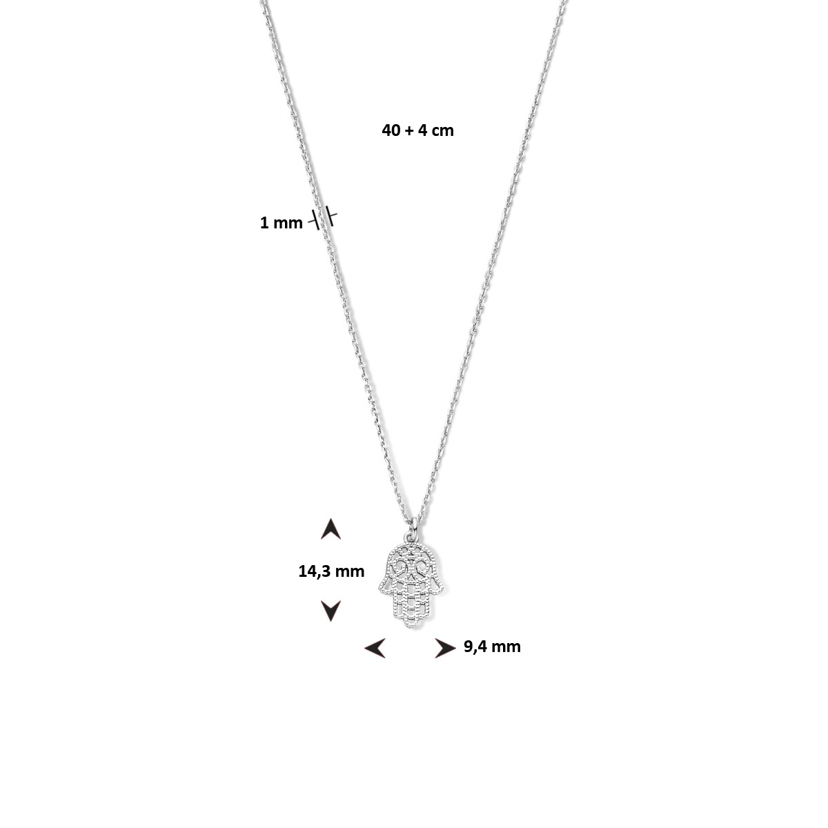 Hand van Fatima ketting zilver - Lengte 40 + 4 cm