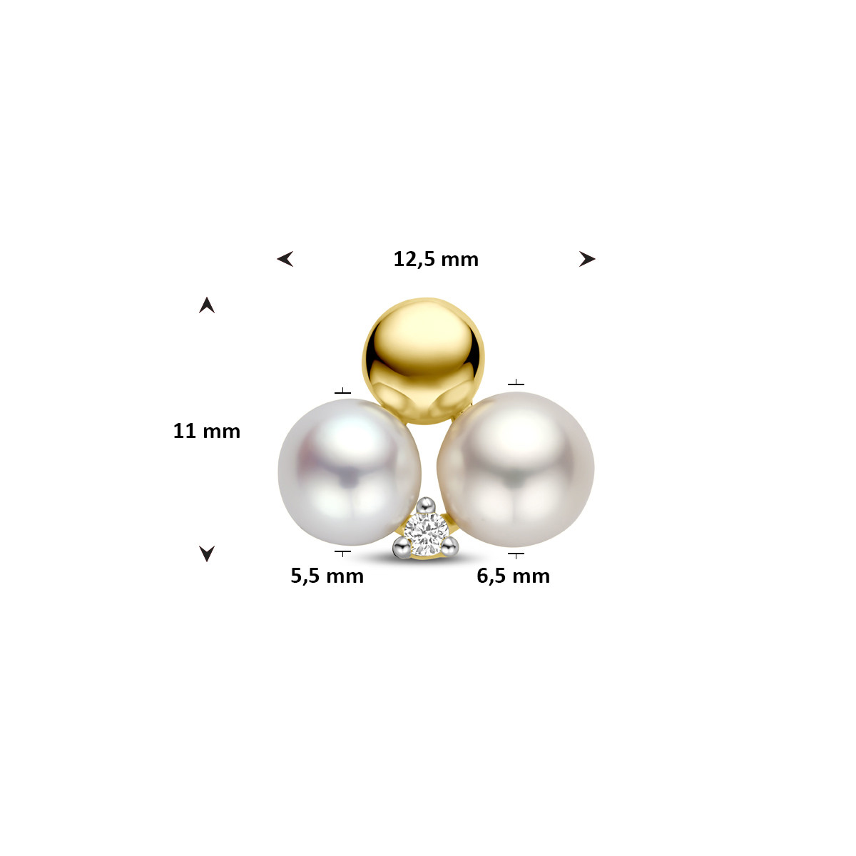 Hanger met 14-karaat gouden bolletje 0.02 crt diamant en 2 parels 12.5 mm breed - Hoogte 11 mm