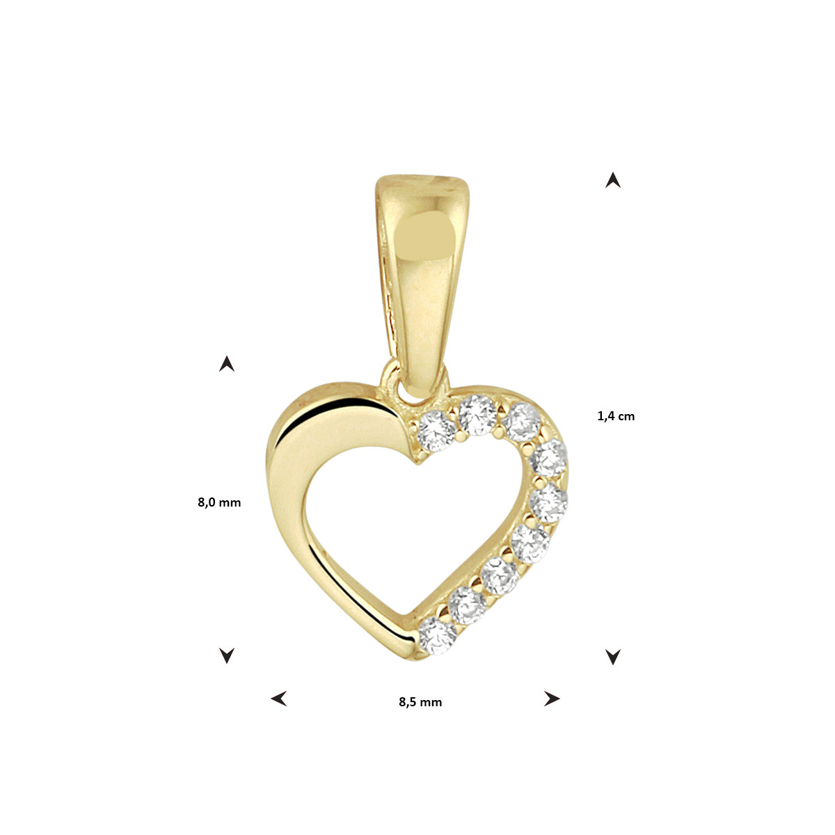 Hart hanger goud met zirkonia's - 14 x 8.5 mm