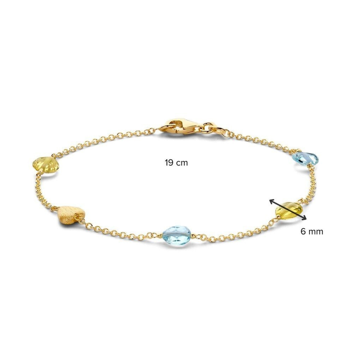 Hartjes armband met blauwe topaas en gele kwarts van 14-karaat goud - Lengte 19 cm