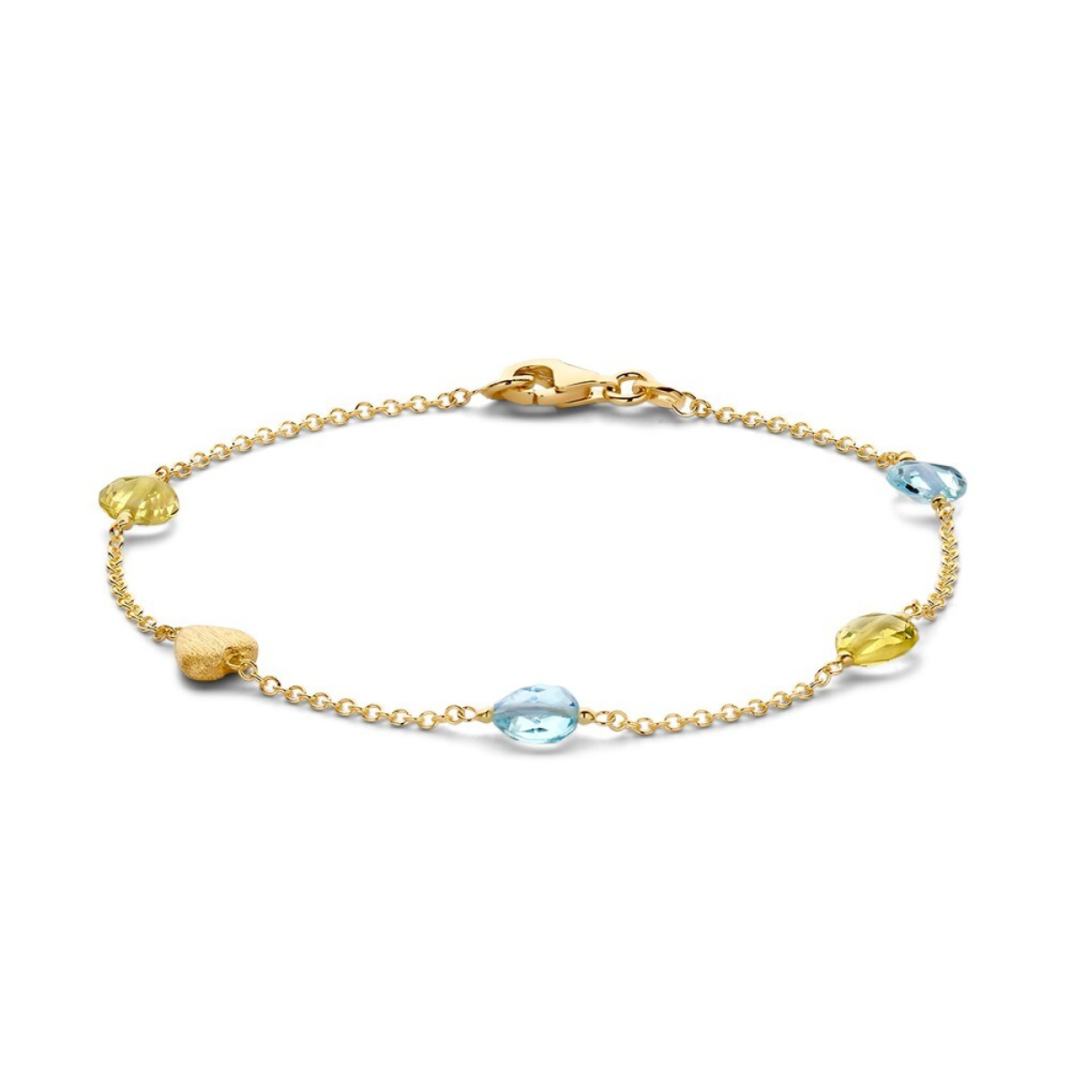 Hartjes armband met blauwe topaas en gele kwarts van 14-karaat goud - Lengte 19 cm