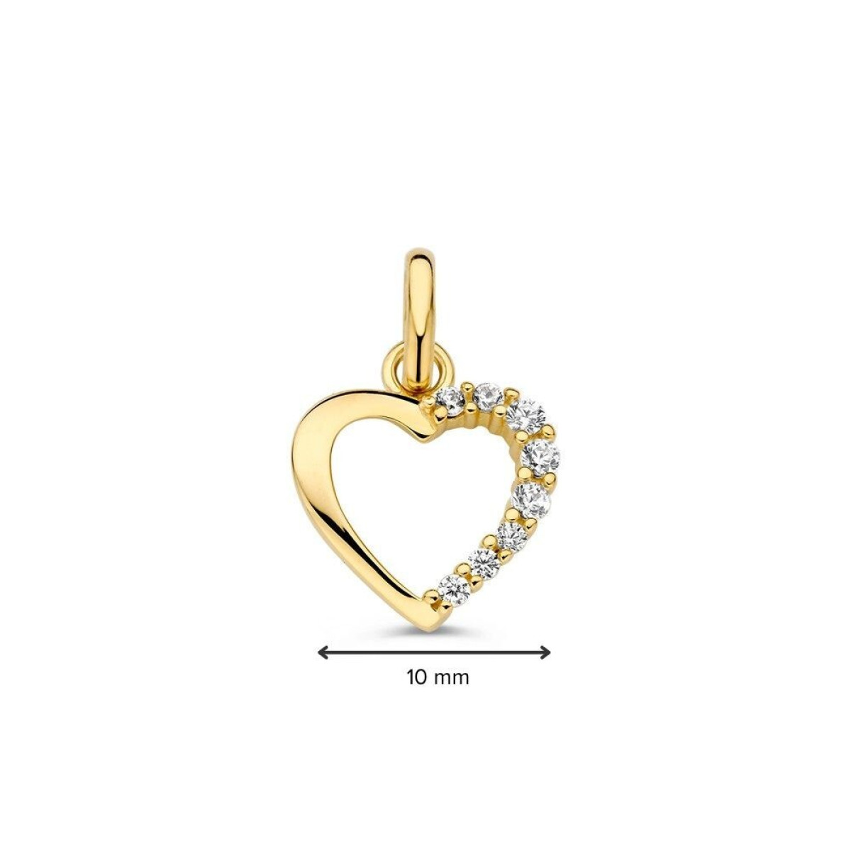 Hartjes hanger van 14-karaat goud en half bezet met zirkonia stenen - Breedte 10 mm