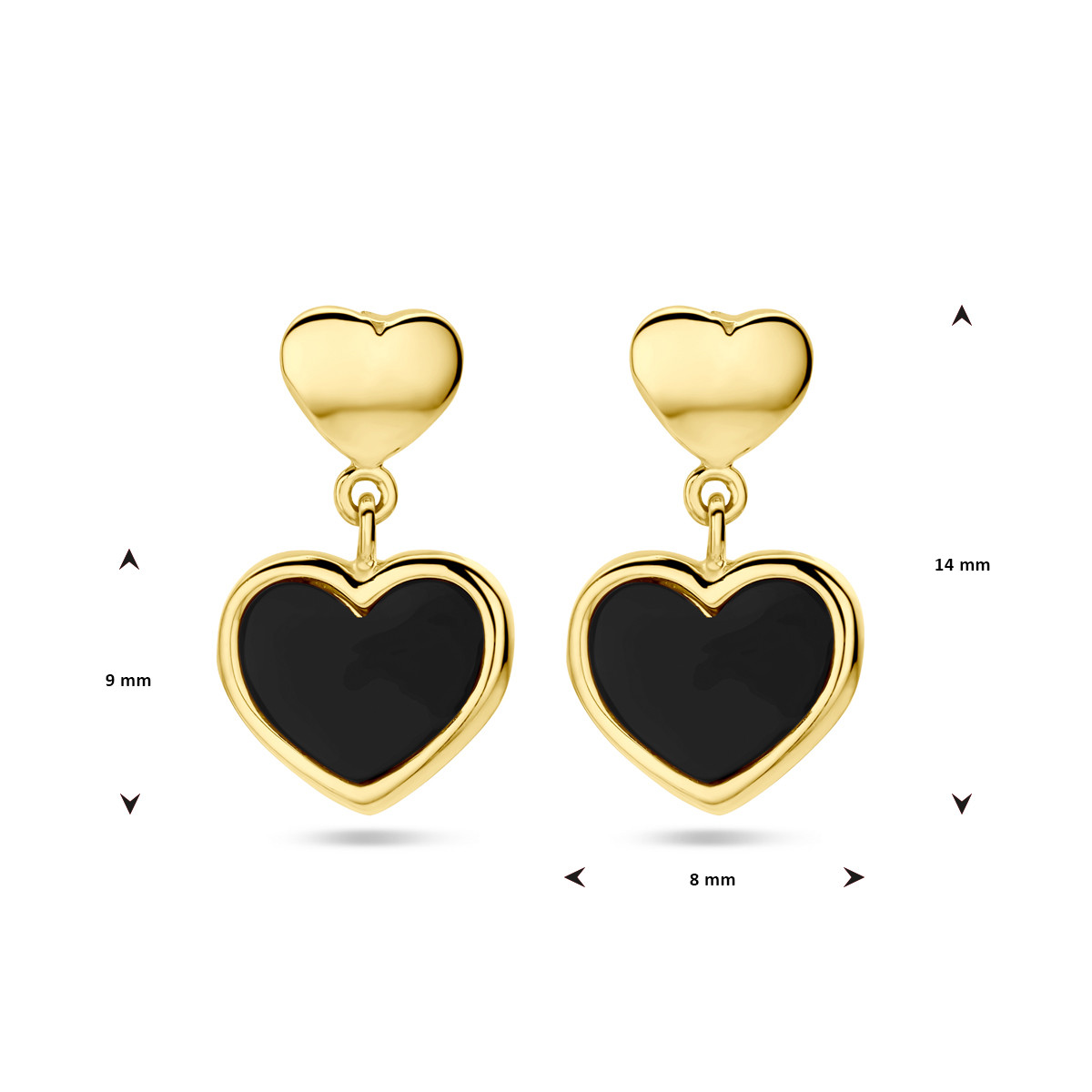 Hartjes hangers van 14-karaat goud en zwarte emaille - 8 mm x 14 mm