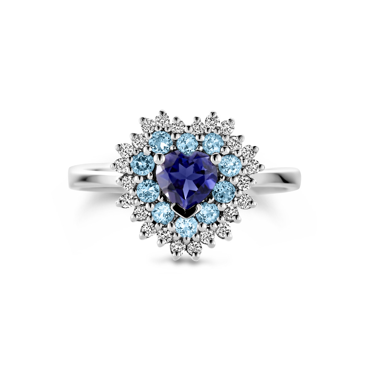 Hartjes witgouden ring met london blue topazen en diamanten 0.19 crt 12.5 mm breed