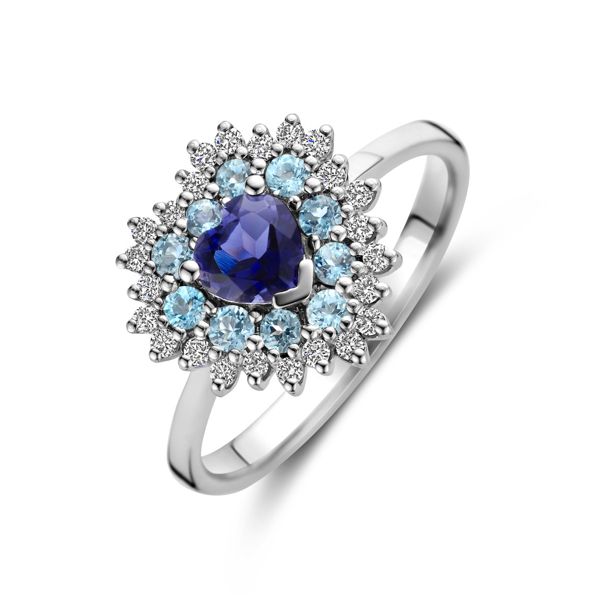 Hartjes witgouden ring met london blue topazen en diamanten 0.19 crt 12.5 mm breed