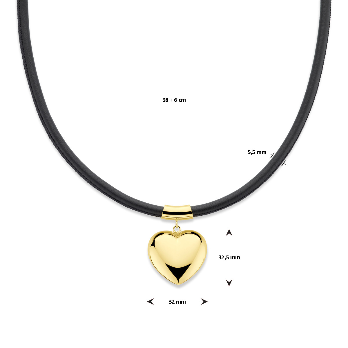 Ketting met synthetisch leer 5.5 mm en gold plated hartje - Lengte 38 cm t/m 44 cm