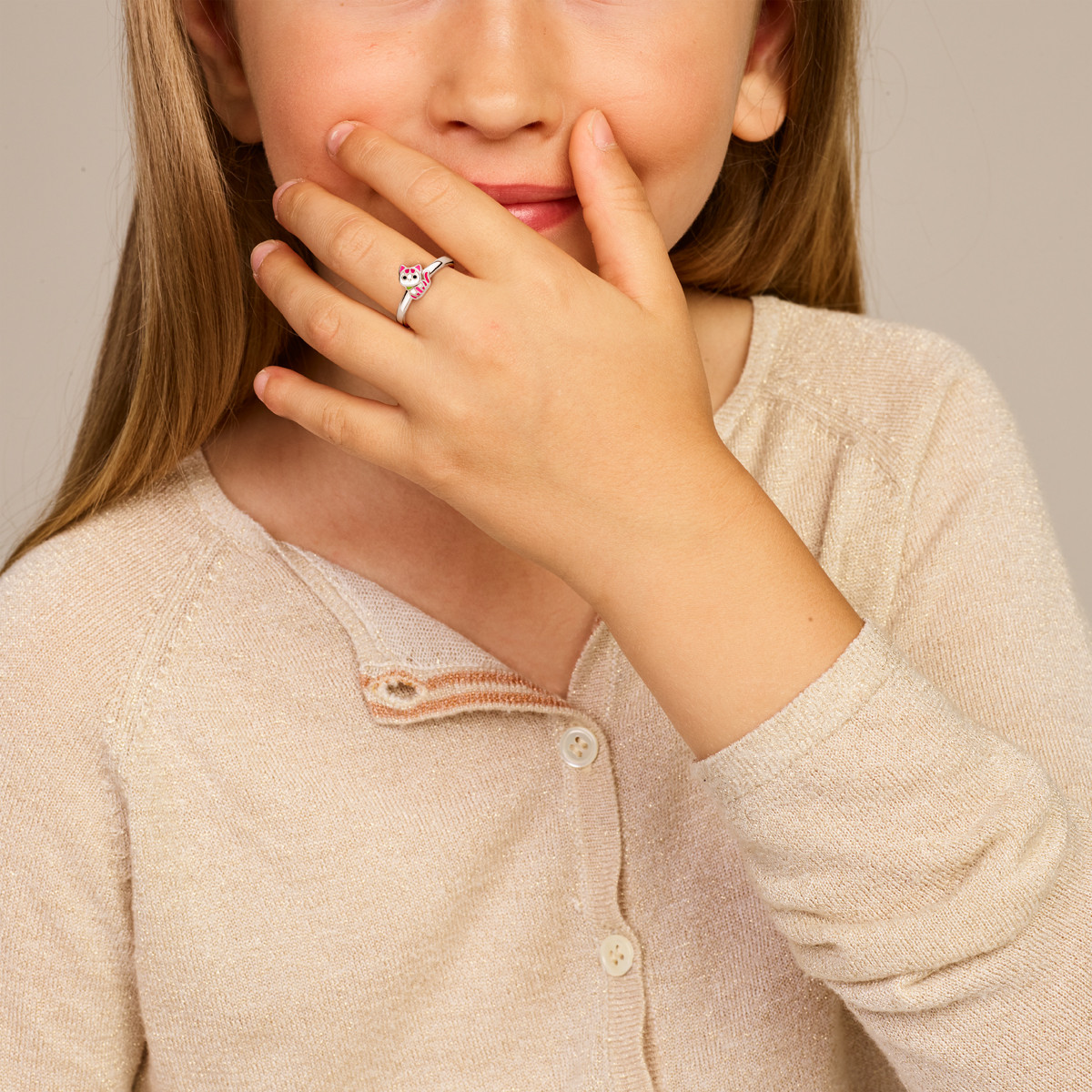 Kinderring met roze poes zilver