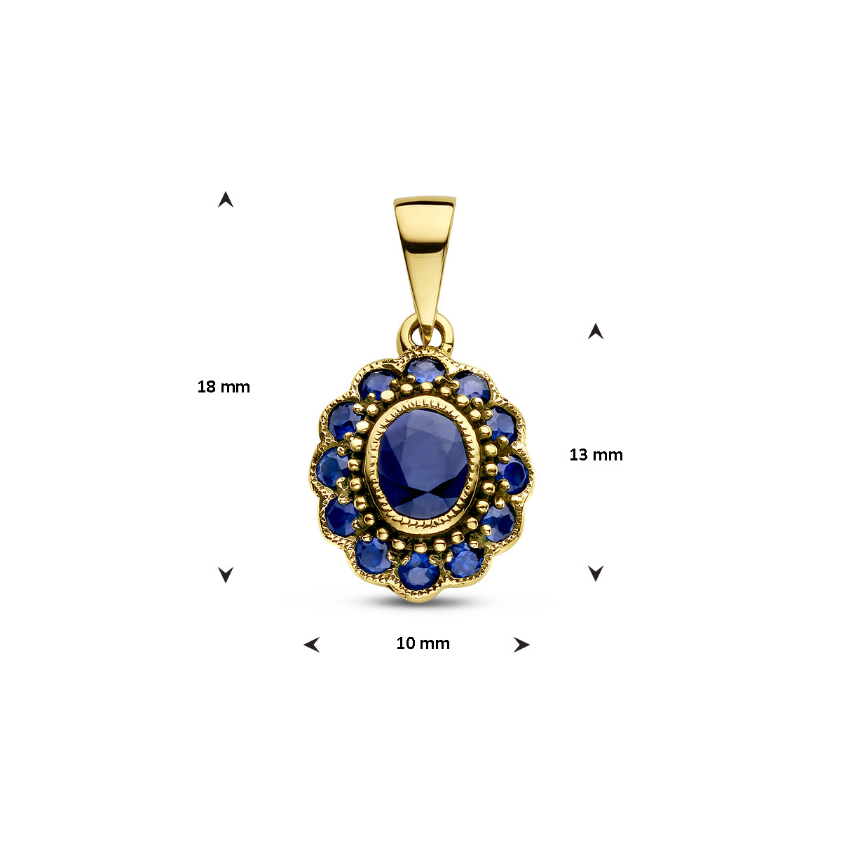 Klassieke 14-karaat gouden hanger met blauwe saffier - 10 mm x 18 mm