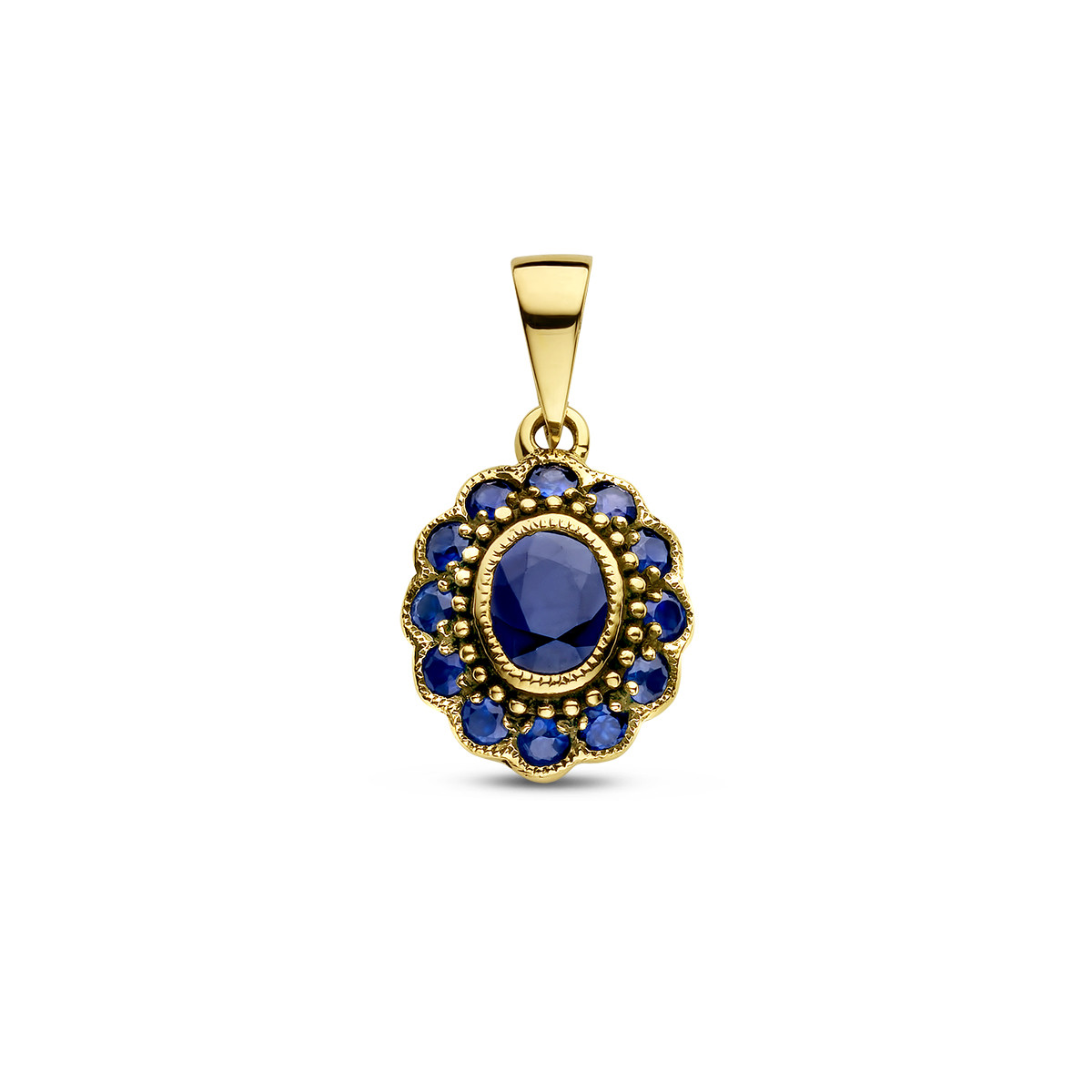 Klassieke 14-karaat gouden hanger met blauwe saffier - 10 mm x 18 mm