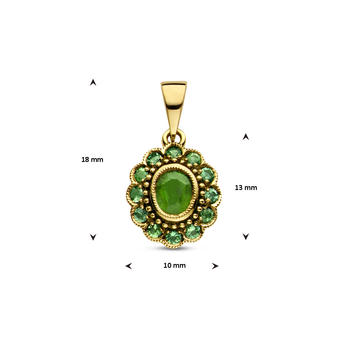 Klassieke 14-karaat gouden hanger met groene smaragd - 10 mm x 18 mm