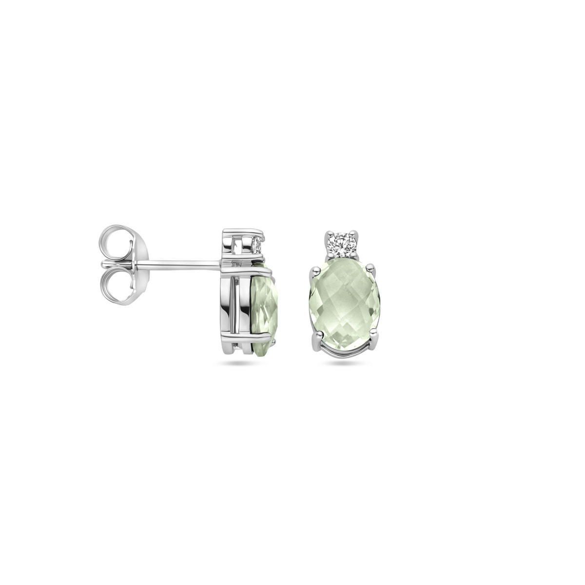 Klassieke stijl zilveren oorknoppen met groene amethist en zirkonia - Hoogte 10.5 mm