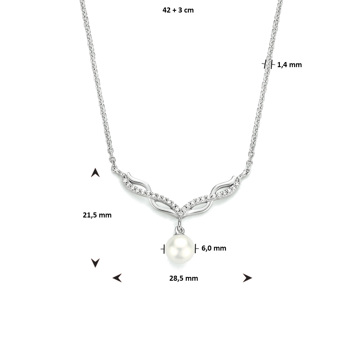 Klassieke zilveren ketting met parel en zirkonia's - Lengte 42 + 3 cm