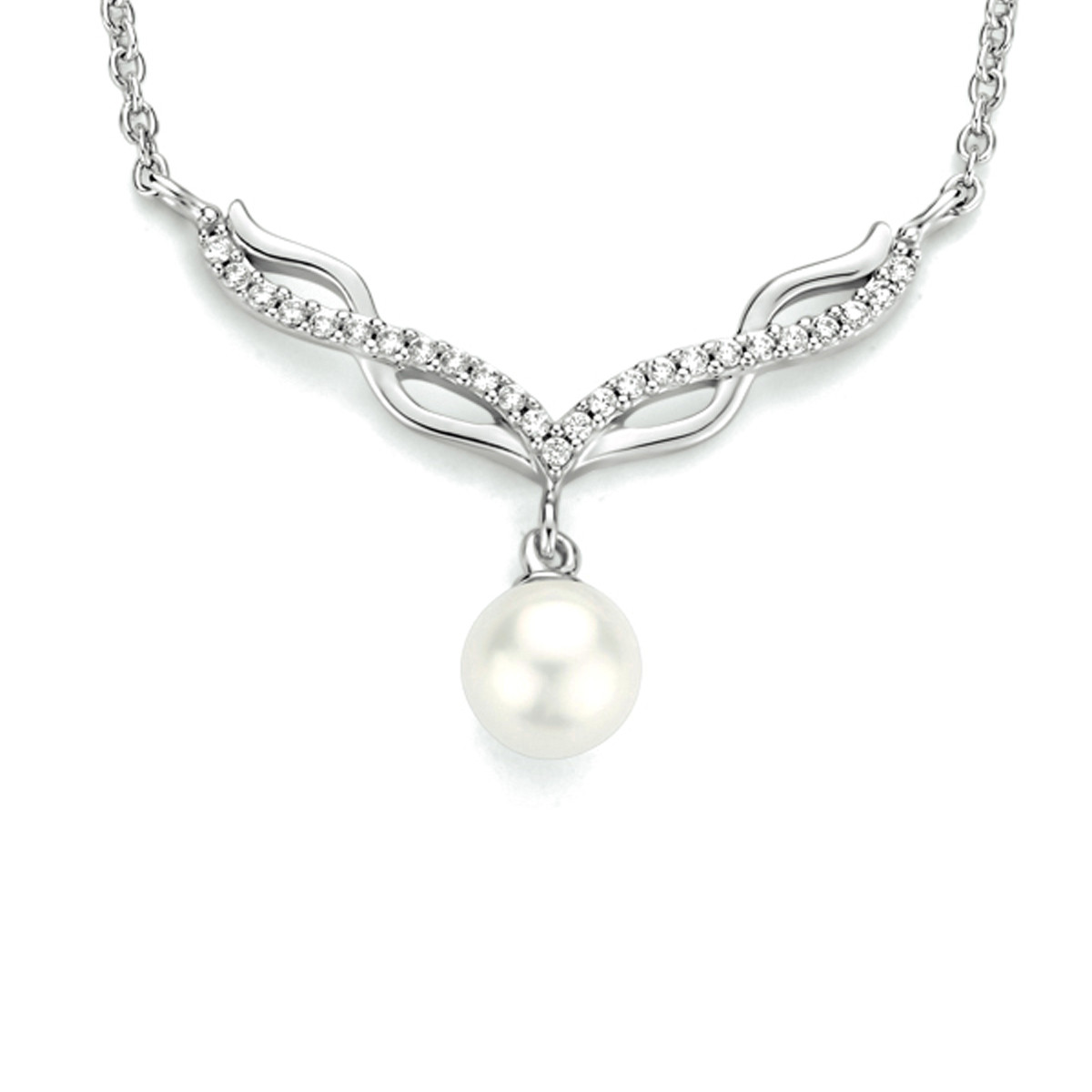 Klassieke zilveren ketting met parel en zirkonia's - Lengte 42 + 3 cm